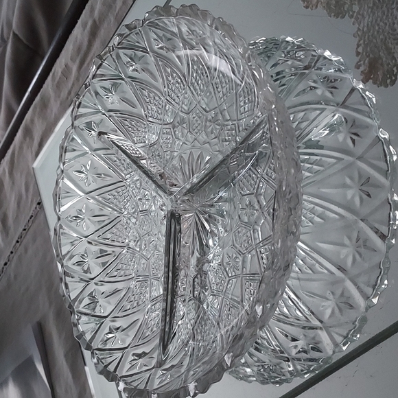 3 divided tray dish etched and cut crystal shabby chic diamond 💎 stars 🌟 - Picture 1 of 13